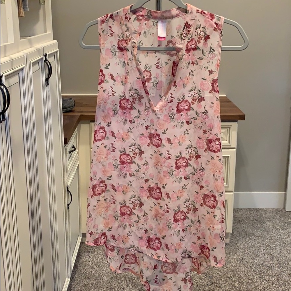 Pink Floral Sleeveless High Low Tank Blouse